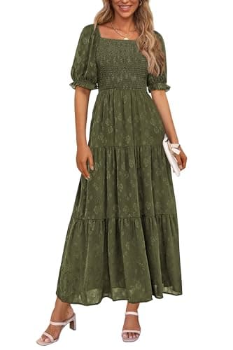 PRETTYGARDEN Women's 2026 Summer Casual Midi Dresses Square Neck Short Sleeve Smocked A Line Floral Flowy Elegant Boho Dress (Army Green,X-Large) - Image 1