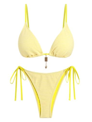 ZAFUL Yellow Women's Bikini Sets Beads Triangle Swimsuits 2 Piece String Brazilian High Cut Cheeky Bathing Suits Vacation Resort Wear 2026 - Image 1