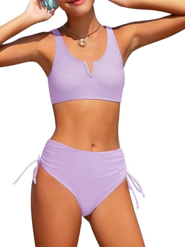 AMAWMW Girls Swimsuits Solid V-Neck Cutout Bikini Set Two Piece Bathing Suit for Teen Girls Size 7-16Y, Purple, 9-10 Years - Image 1
