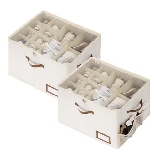 StorageWorks Shoe Organizer for Closet, 2 Pack Shoe Storage Boxes with Clear Lid, Stackable Shoe Storage Organizer for Sandals and Slippers, Fabric Shoe Bins for Closet, Holds 16–32 Pairs, Beige - Image 1