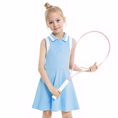 Gogokids Girls Tennis Dress Sleeveless Quick Dry Athletic Polo Dress for Golf Activewear Sports Outfit, Blue, 8-9 Years, 130 - Image 1