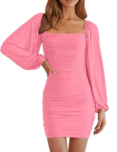 MEROKEETY Womens Long Sleeve Mesh Bodycon Cocktail Dress 2026 Square Neck Ruched Club Mini Dress Pink X-Large - Image 1