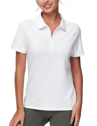 THE GYM PEOPLE Women's Short Sleeve Polo Shirts Zip Up Quick Dry Breathable Collared Golf Workout Tops White - Image 1