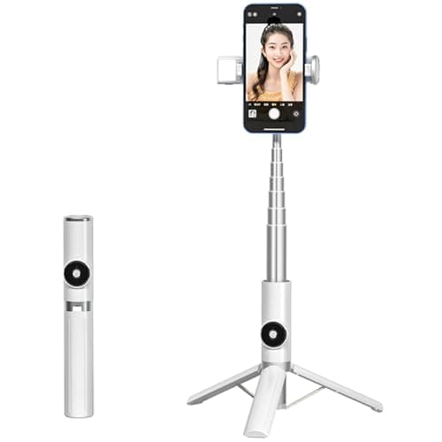 Selfie Stick Tripod Portable Extendable Cell Phone Stand with Detachable Mini Ring Light Phone Tripod Stand with Bluetooth Remote for iPhone Android for Vlogging/Travel/Live Streaming (White)