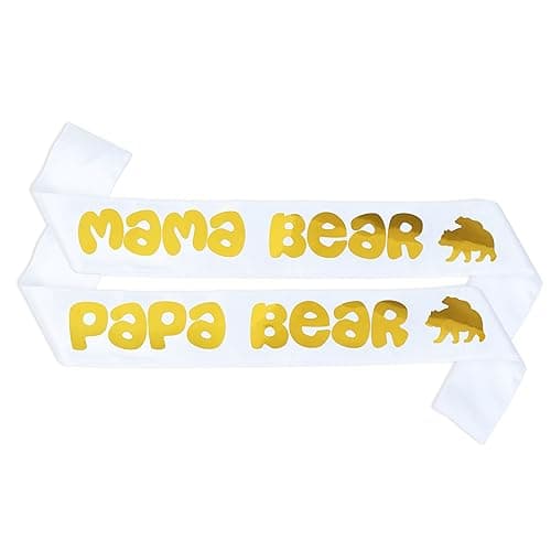 Mama Bear & Papa Bear Baby Shower Sash Bundle - With Cute Bear (White Sashes & Gold Lettering) Girl or Boy Baby Shower Party Decorations Gifts Favors Mom Dad Supplies Gender Reveal Mommy Bear Sash - Image 1