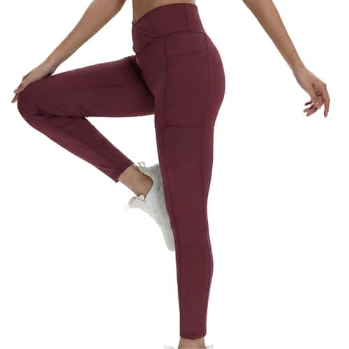 VIPARK Women V-Cross Waist Leggings – High Waist Tummy Control Butt Lifting Yoga Pants with Pockets, Seamless Front, Stretchy 7/8 Compression Workout Tights for Gym & Running Burgundy - Image 1