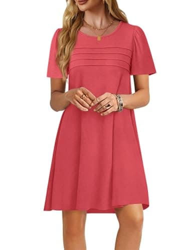 Imily Bela Womens Summer Casual T Shirt Dress Short Sleeve Crewneck Pleated Front Loose Beach Flowy Mini Dresses Red - Image 1
