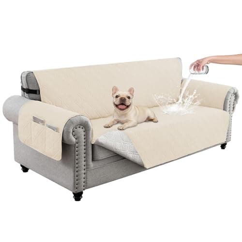 Eusalioy 100% Waterproof Couch Cover for Dogs, Anti-Slip Washable Sofa Cover with Elastic Straps & Side Pockets, Quilted Furniture Protector for Kids & Pets (3 Cushion 68", Beige)