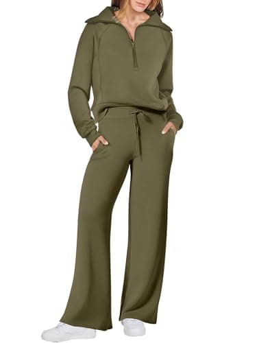 ANRABESS Women’s 2 Piece Outfits Half Zip Sweatshirt & Wide Leg Pants Airport Travel Lounge Matching Sets Sweatsuits Clothing Olive XX-Large - Image 1