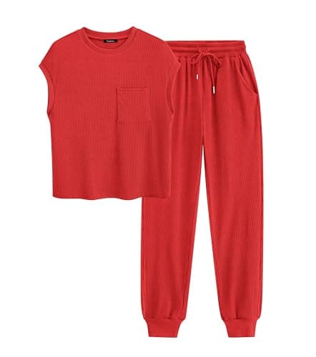 BTFBM Women's Two Piece Tracksuit Outfits Summer Short Sleeve Tops Long Pants Jogger Lounge Matching Sets Sweatsuit(Red,Medium) - Image 1