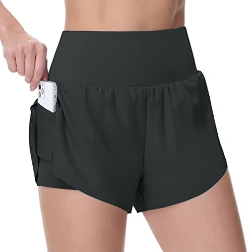 Women’s Quick Dry Running Shorts Mesh Liner High Waisted Tennis Workout Shorts Zipper Pockets (Large, Dark Grey) - Image 1