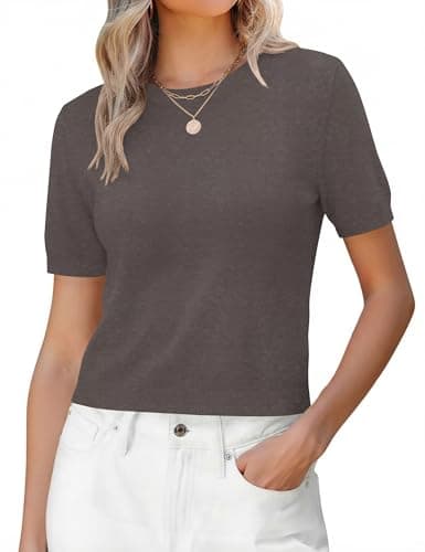 LaGracia Sweaters for Women Short Sleeve Cropped Sweaters Wool Blend Cashmere Crew Neck Lightweight Business Casual Summer Spring Sweater Crop Tops Vacation Outfits Haze Gray S - Image 1