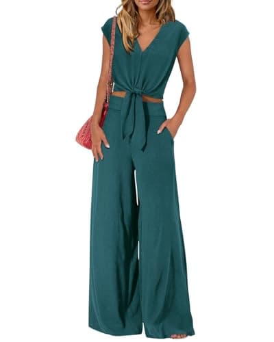 PRETTYGARDEN Women's Summer 2 Piece Outfits 2026 Cap Sleeve V Neck Belted Crop Tops Wide Leg Pant Sets Casual Tracksuit(Solid Lake Blue,Small) - Image 1