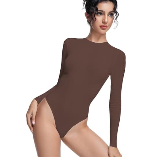 Bolsamila Women's Long Sleeve Bodysuits Stretchy Basic Shirts Thong Slimming Basic Body Suits Going Out Tops Coffee XL - Image 1