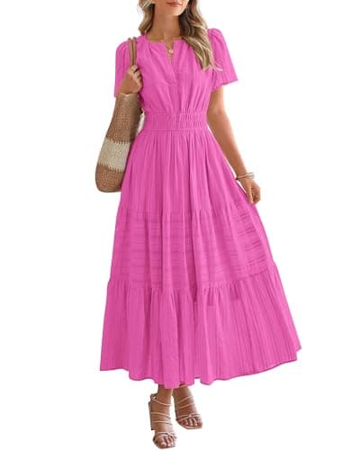 BTFBM Womens Summer 2026 Casual Midi Maxi Dresses Lightweight Short Sleeve V Neck Elastic Waist Boho Beach Dress Pockets(Rose Red, Medium) - Image 1