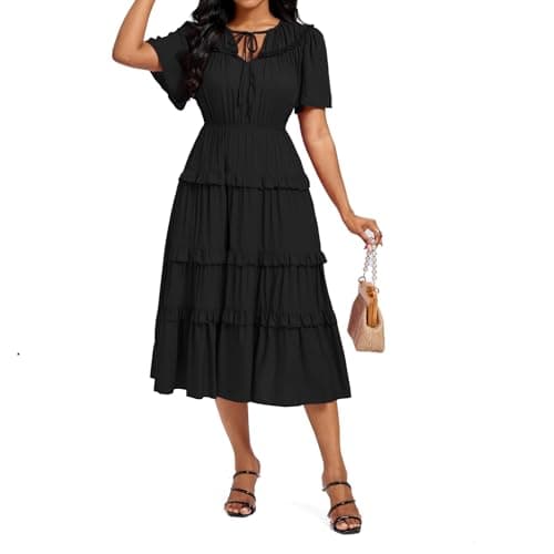 Ystguic Casual Boho Summer Trendy Dresses with Pockets Elastic Waist for Women 2025 Pleated Flowy Aline Rayon Viscose Dress for Seniors for Wedding Guest Small YG025 Black S - Image 1