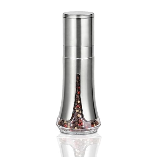 Aelga Pepper Grinder with Silicone Funnel - 4oz Glass Manual Mills with Adjustable Ceramic Core & Stainless Steel Sleeve, Refillable Kitchen Gadget