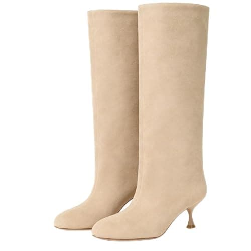 vivianly Women's Wide Calf Suede Knee Boots Pull-On 2.24" Kitten Heel Tall Boots Comfortable Versatile Dress Boots for Formal Daily Wear Beige Size 6 - Image 1