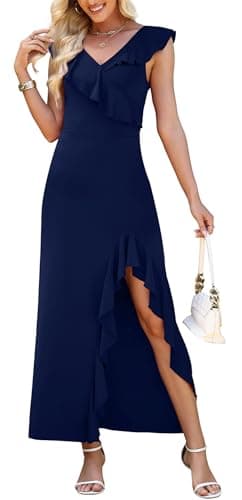 WEACZZY Women V Neck Sleeveless Wrap Ruffle Backless Maxi Dress Birthday Party Dresses Going Out Vacation Long Dress,Navy Blue,XXL - Image 1