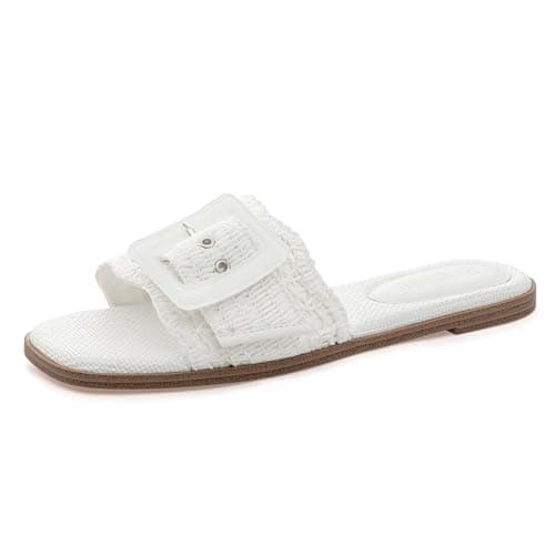 Rihero Flat Sandals for Women Square Toe Raffia Slide Sandals Summer Dressy Slip On Buckle Straw White Beach Slides White Size 8.5 - Image 1