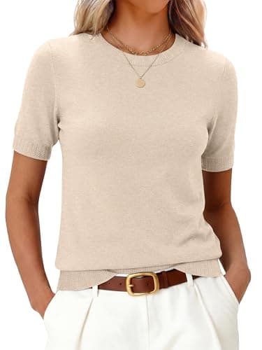 ANRABESS Short Sleeve Sweater for Women Lightweight Crewneck Wool Blend Sweaters Tops Spring Summer Business Casual Outfits Beige - Image 1