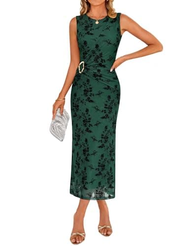 ZESICA Women's Summer Sleeveless Floral Bodycon Midi Dress 2026 Ruched Mesh Wrap Wedding Guest Cocktail Party Long Dresses Green Small - Image 1