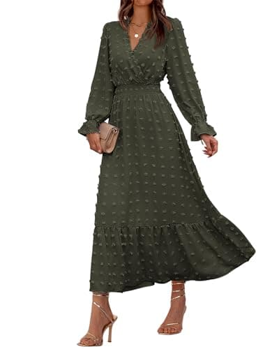 BTFBM Women Fall Maxi Dresses 2025 Long Sleeve V Neck Swiss Dots High Waisted A-Line Ruffle Boho Long Dress Vacation(Army Green,Large) - Image 1