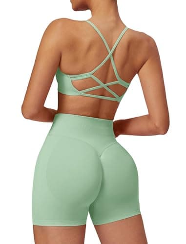 Women Seamless 2 Piece Workout Matching Sets Criss Cross Back Sports Bra High Waist Booty Shorts for Yoga Gym Palm Green S - Image 1