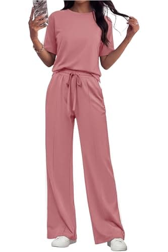 PRETTYGARDEN Women's 2 Piece Sets Summer Casual Short Sleeve Tops Wide Leg Pants Matching Lounge Set Vacation Travel Outfits (Pink,XL) - Image 1