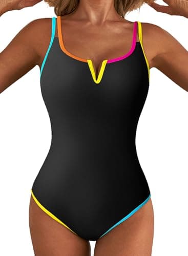 Aleumdr V Wired One Piece Swimsuit for Women Color Block Tummy Control Bathing Suits Modest Neon Sexy Sport Swimwear Black Large - Image 1