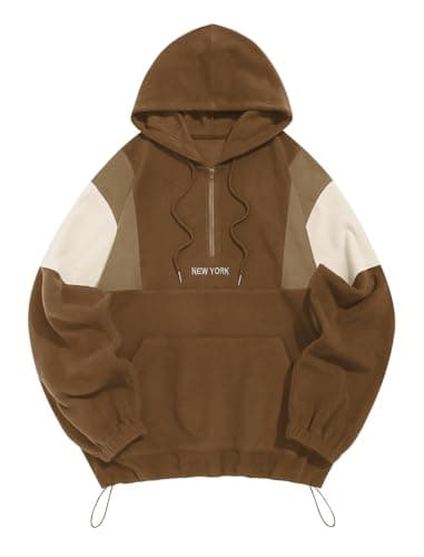 ZAFUL Men's Fluffy Polar Fleece Hoodie NEW YORK Embroidery Half Zip Unisex Hooded Sweatshirt Coffee XL - Image 1