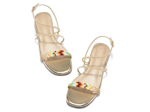 Coutgo Womens Strappy Flat Sandals Open Toe Lace Up Beaded Gladiator Flats Ankle Strap Summer Beach Shoes, Gold, Size 9 - Image 1