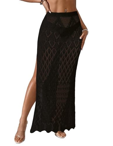 BreathSunny Womens Crochet Open Knit Elastic Waist Swimsuit Coverup Dress Summer 2026 Trendy Outfits Side Slit Mesh Swimwear Coverups Beach Swim Bathing Suit Cover Up Maxi Skirt Black S - Image 1