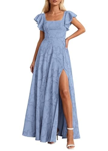 KIRUNDO Cocktail Dresses for Women Elegant Wedding Guest Summer Formal Maxi Lace Floral Slit Prom Party Bridesmaid Dress (Blue, Medium) - Image 1