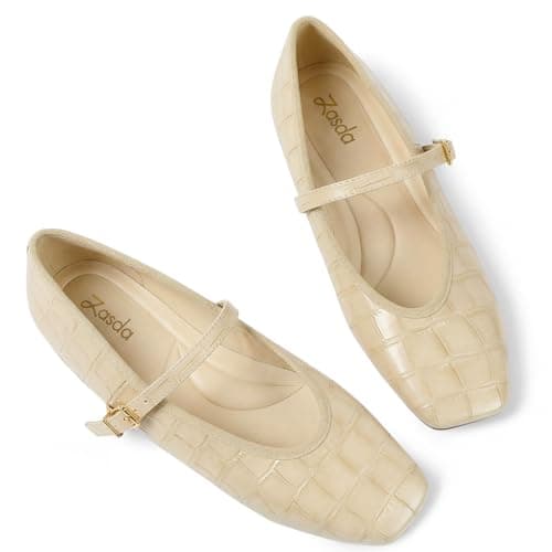 Zasda Womens Mary Jane Flats Square Toe Ballet Flats Leather Comfortable Casual Dressy Shoes with Adjustable Ankle Strap Cream