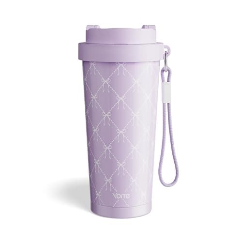 YOME 17oz Elegant Purple Bow Ceramic Lined Insulated Coffee Mug with Infuser for Women| One-handed Pop Open Lid | Stainless Steel |Keep Drinks Cold and Hot| 100% Leak Proof - Image 1
