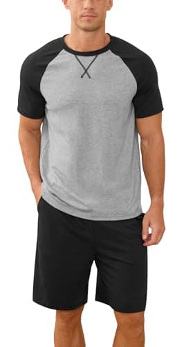 NITAGUT Mens Pajama Set Summer 2 Piece Loungewear Short Sleeve Pjs Sleepwear with Pockets Soft Comfy Nightwear, Black, Large - Image 1