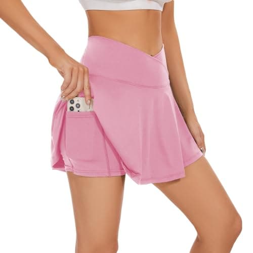 bpbtti Womens Pleated Tennis Skirt Crossover Golf Skorts Skirts with Pockets Activewear Summer Workout Running Shorts (Light Pink, M) - Image 1