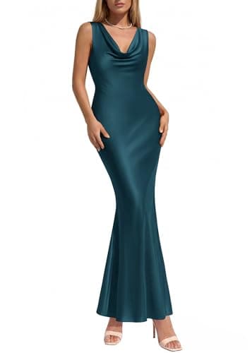 KIRUNDO Womens Summer Cowl Neck Sleeveless Satin Maxi Dress Elegant Bodycon Cocktail Wedding Guest Party Long Dresses(Dark Blue, Medium) - Image 1