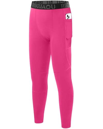 RIKUAOU Boys Compression Pants Leggings, Youth Athletic Quick Dry Tights Football, Base Layer Spandex Sports with Pocket Rose Red - Image 1