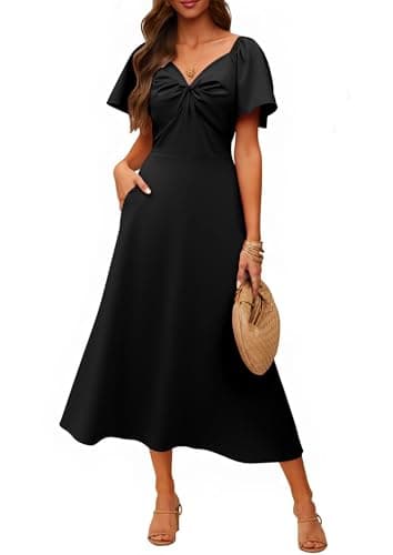 ECOWISH Womens Summer Maxi Dresses: 2026 Casual Flutter Short Sleeve Twist Front Long Flowy Wedding Guest Dress with Pockets 482Black XL - Image 1