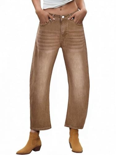 PEIHOT Mid Waist Barrel Womens Jeans Trendy Boyfriend Stretchy Loose Cropped Denim Pants with Pockets Brown - Image 1