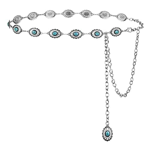 FIORETTO Turquoise Chain Belt for Women, Metal Western Cowboy Cowgirl Waist Chain with Oval Conchos, Boho Country Style Belt for Dress & Jeans, Silver, Length 45inch - Image 1