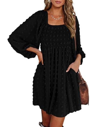 BTFBM Womens Long Sleeve Dress Summer Vacation Square Neck Smocked Floral Mini Boho Spring Wedding Guest Dresses 2026(Swiss Dot Black, XX-Large) - Image 1