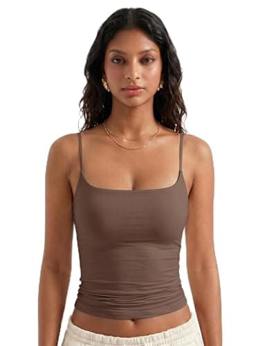 Women Summer Tank Tops Y2K Going Out Spaghetti Strap Crop Tops Sexy Square Neck Tanks Trendy 2025 Casual Sleeveless Basic Camisole Shirts (Brown,XS)