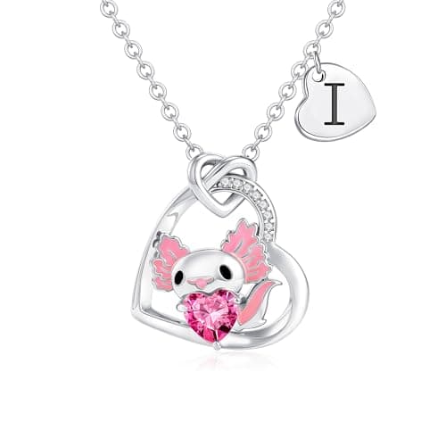 C-leen Axolotl Necklaces for Women - 14K White Gold Plated CZ Heart Initial I Pendant Axolotl Necklace Initial Necklaces Birthday Gifts for Women - Image 1