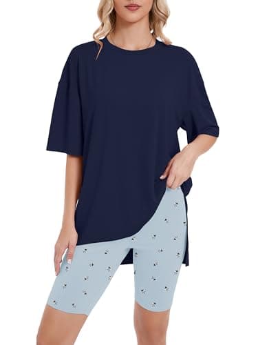 Heymoments Matching Sets Women Clothing Print Floral Large Oversized T-Shirt and Biker Shorts Pajama Set Soft Summer Pajamas Set Breathable Sleepwear Comfy Nightwear Womens Pjs Set - Image 1