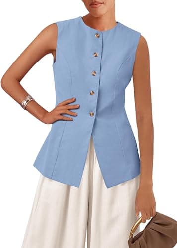 KIRUNDO Vest Tops for Women Trendy Dressy Business Casual Outfits 2026 Summer Sleeveless Fitted Blazer Work Suit Waistcoat(Light Blue, XX-Large) - Image 1