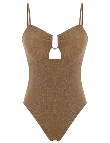 ZAFUL Womens One Piece Swimsuit Glitter Padded Metallic Shiny Bathing Suit Sparkly Metal Cutout High Cut Swimwear Coffee M - Image 1