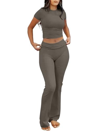 ANRABESS Lounge Sets for Women 2 Piece Foldover Yoga Flare Leggings Pants Crop Tops Casual Y2K Outfits Matching Tracksuit Set Taupe Small - Image 1